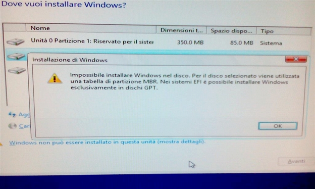 [Risolto] Impossibile Installare Windows (disco impostato su partizione GPT o MBR)
