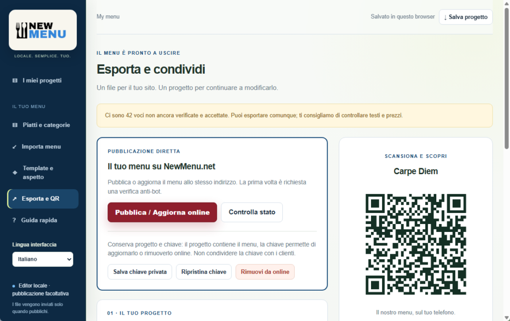 Generazione QR Code per menu digitale