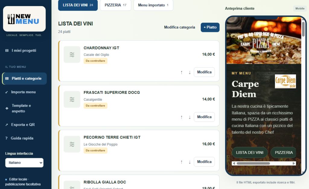 Template e personalizzazione del menu digitale
