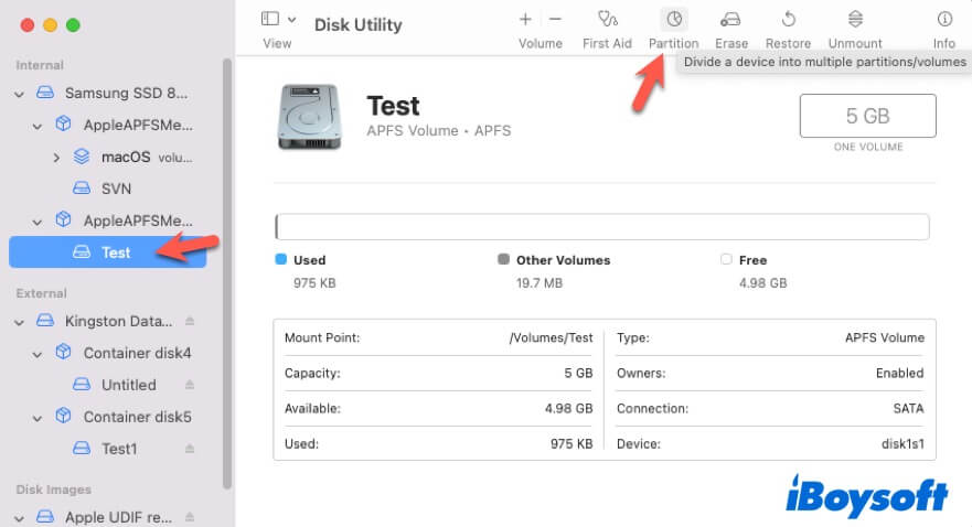elimina la partizione nell'Utility Disco del Mac